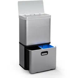 Klarstein Touchless Sensor-Mülleimer 56L Edelstahl Soft-Close 3 Behälter LED-Display Timer Edelstahl