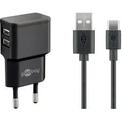 goobay 12W 2x USB-A Ladegerät mit Kabel 1m, schwarz