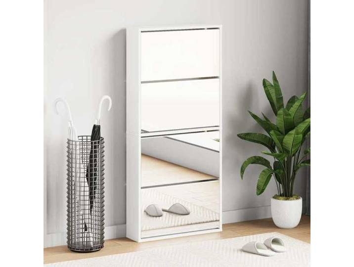 Moderne Meuble à chaussures 4 étagères et miroir - 63x17x134 cm - Blanc - Meuble d Entrée Couloir @FR 7350