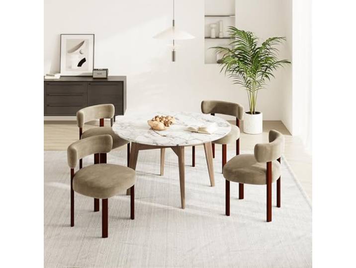 COLAMY Mid-Century Modern Design Sherpa Esszimmerstühle 4er Set, Vintage Landhaus-Stil Bouclé Küchenstühle mit offener geschwungener Rückenlehne für Esszimmer, Restaurant, Khaki