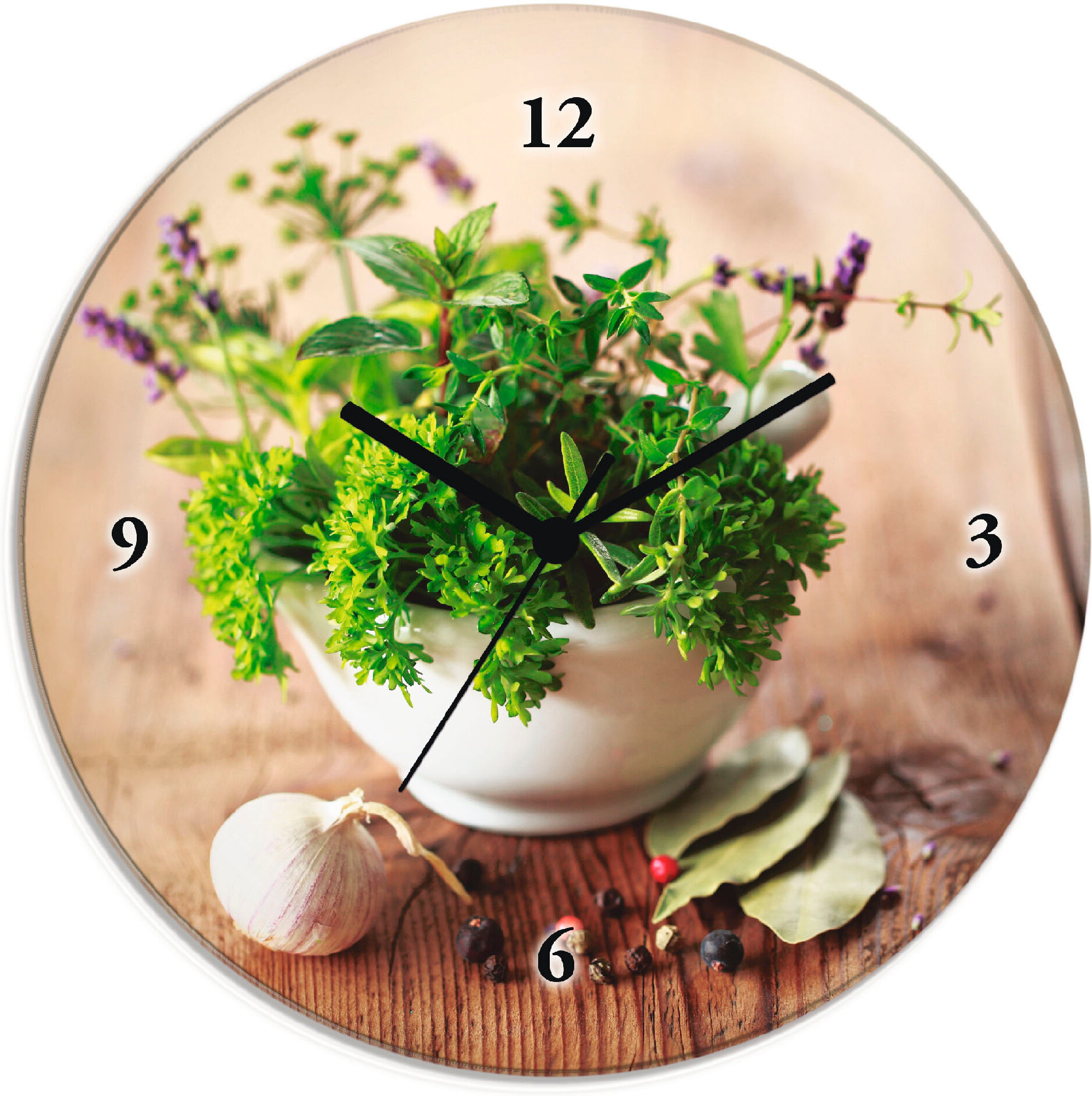 Wanduhr ARTLAND "Verschiedene Kräuter - Küche", grün, T:1,8cm, Wanduhren, Wanduhr, wahlweise mit Quarz- oder Funkuhrwerk, lautlos ohne Tickgeräusche grün Ø 30cm, Funkuhr