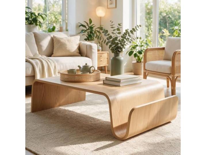 Künstlerischer Luxus-Couchtisch aus handgefertigtem gebogenem Edelholz Exklusiver Couchtisch aus Biegeholz, massive Esche & Nussbaum, sofort nutzbar ohne Montage(Natural)