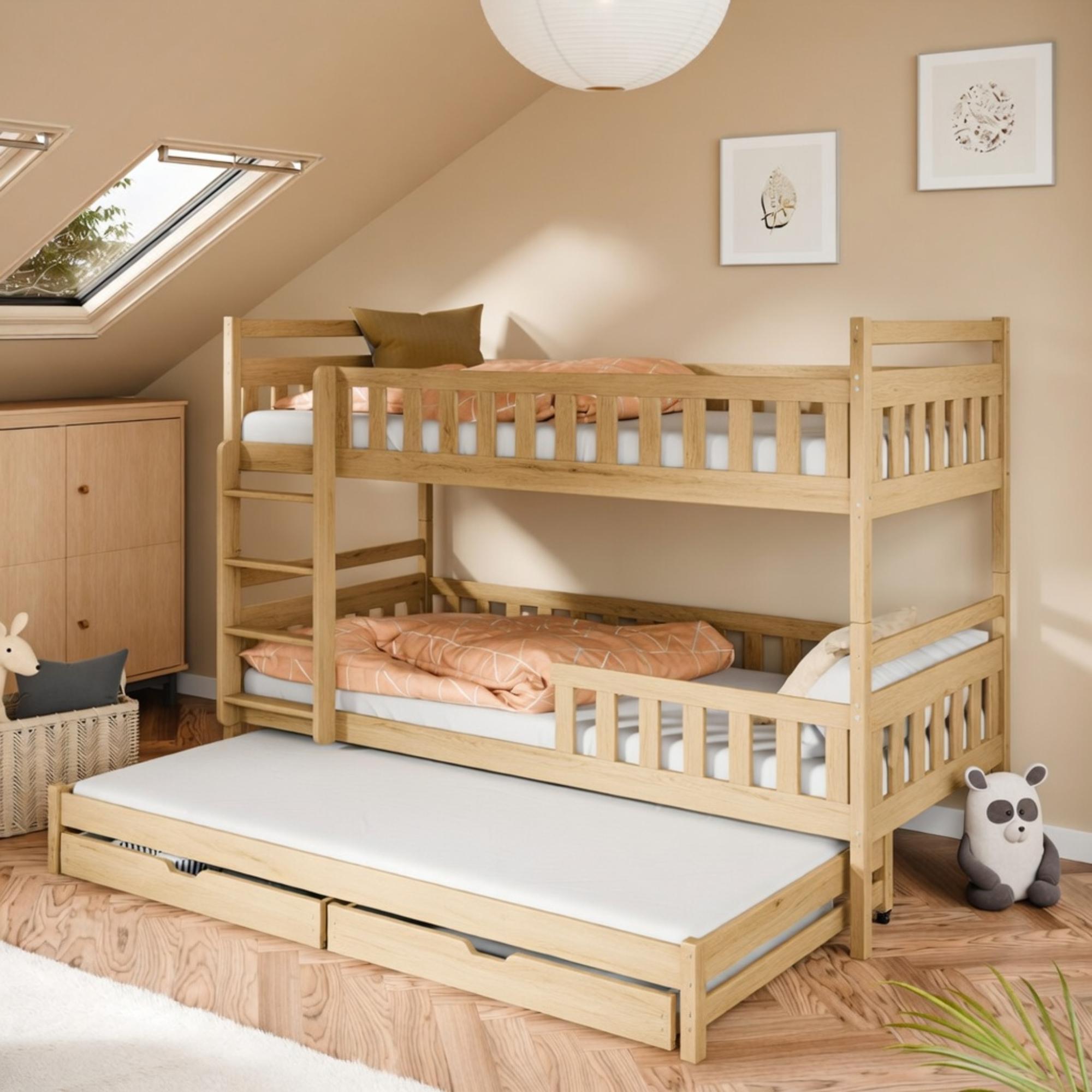 Kids Collective Etagenbett Hochbett Stockbett Kinderbett 90x200 cm mit Ausziehbett und Schubladen Umbaubar zu 3 Einzelbetten mit Lattenrosten & Rausfallschutz natur