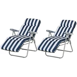 Outsunny 2 x Klappstühle Gartenstuhl Sonnenliege Armlehne klappbar 5 Positionen Auflage Blau 60 x 75 x 102 cm