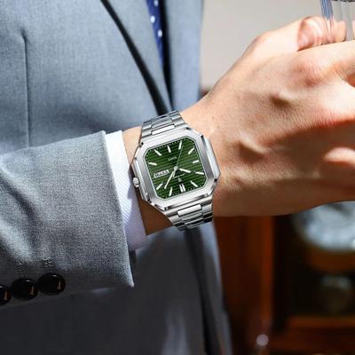 Inspire Select POEDAGAR Luxury Square Waterproof Men's Quartz Watch With Luminous Date & Week silver Green