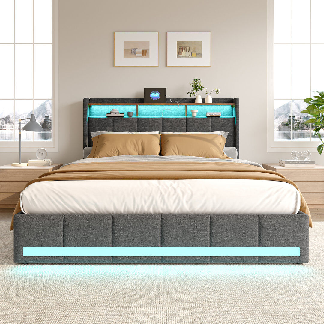 Ivy Bronx Rishi Upholstered Storage Bed with Drawers Grey European Kingsize (160 x 200 cm)