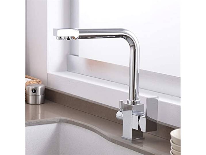 SWENEEN 3-Wege-Küchenarmatur Mit Wasserfilter, 360°-Schwenk-Luftsprudler Und Zwei Griffen, Verchromte Oberfläche, Stilvolle Spültischarmatur Für Sauberes Trinkwasser, Einfache In,