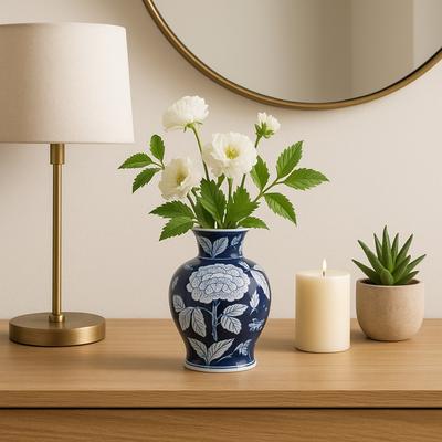Sagebrook Home Decorative Vase - Blue Ceramic Floral Round Chinoiserie, 9in
