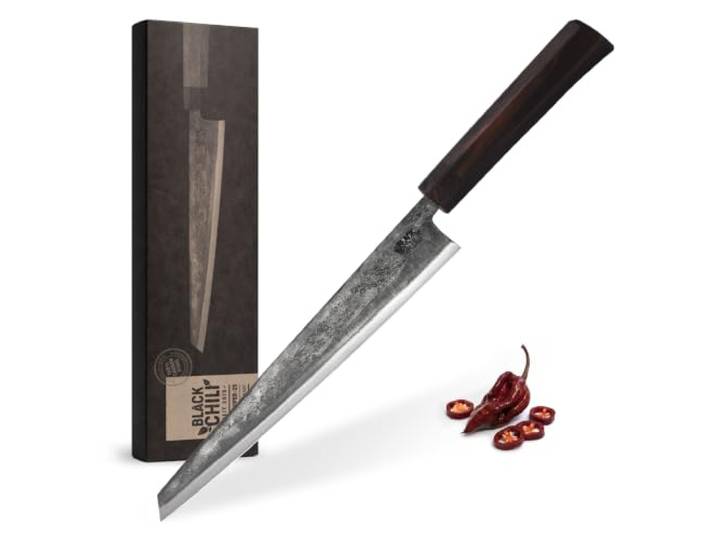 Black Chili Schinkenmesser (Tranchiermesser) mit Ebenholz Griff & 25 cm Carbonstahl Klinge Filetiermesser für Fisch, Lachs, Braten & Brisket Extrem scharf, dünn & handgeschmiedet NAGA-VIPER-25