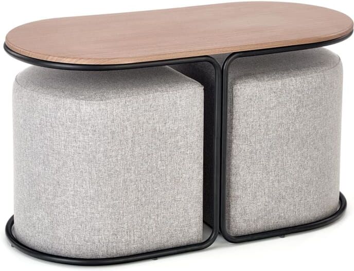 MSO Ensemble table basse et deux poufs en tissu de polyester gris Marron 88x49x43cm