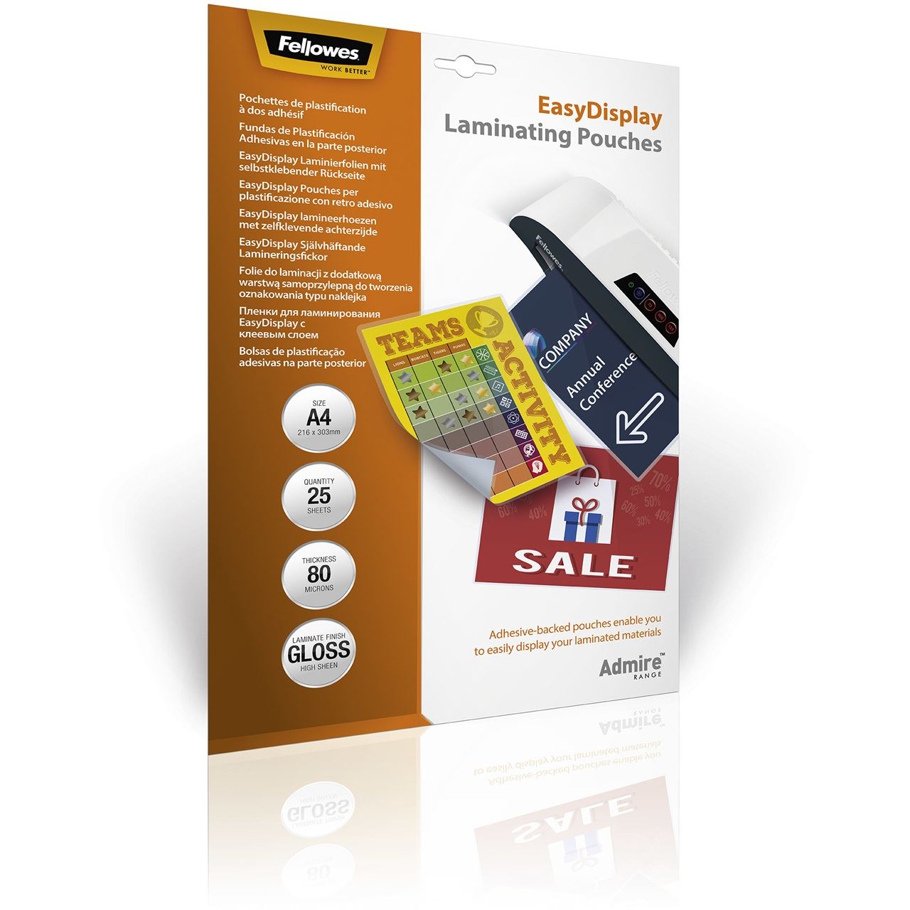 Fellowes 25 Admire EasyDisplay Laminierfolien glänzend für A4 80 micron selbstklebender Rücken