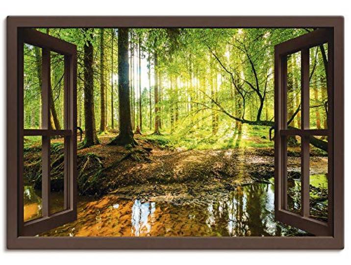 ARTLAND Wanddeko Leinwand Bilder Wandbild Fensterblick Wald Natur Landschaft Bach Sonne Baum Sonnenstrahlen T6AJ