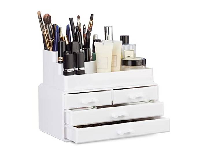 Relaxdays 2x Organisateurs cosmétiques\, 2 parties boîte rangement 4 tiroirs maquillage Make up\, blanc