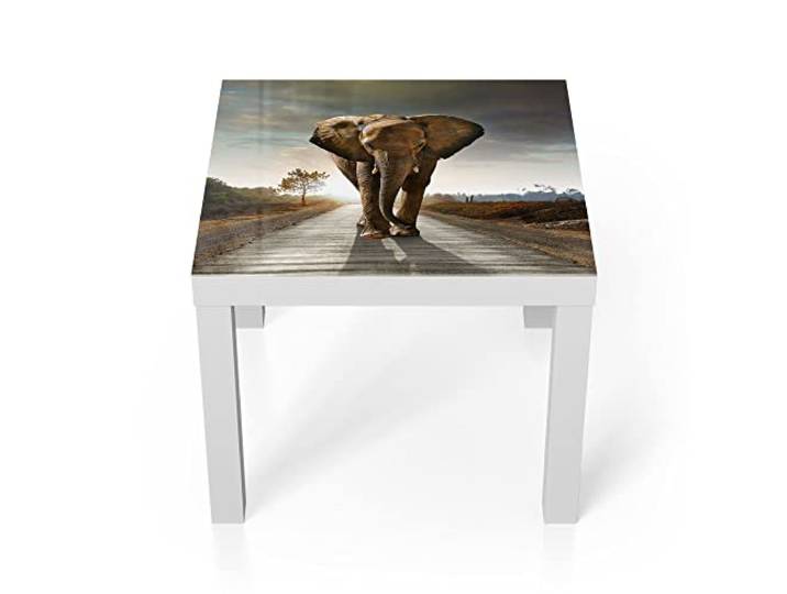 DEQORI Glastisch weiß klein 55x55 cm Motiv Elefant auf Asphalt ausgefallener Beistelltisch aus Glas Hochglanz Couchtisch fürs Wohnzimmer moderner Couch Tisch mit Design