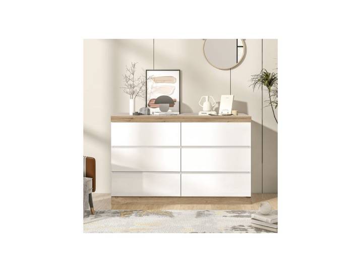 Commode - MUVOE - 6 Tiroirs - Blanc + Chêne - Panneaux de Particules E1 - Style Classique