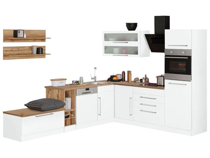 Winkelküche KOCHSTATION KS-Samos , weiss (küche: weiß, front: weiß, korpus: weiß, arbeitsplatte: wotaneichefarben), B:300cm H:200cm T:60cm, Komplettküchen-Sets, Winkelküche, Stellbreite 300x250 cm, wahlweise mit E-Geräten und Induktionskochfeld