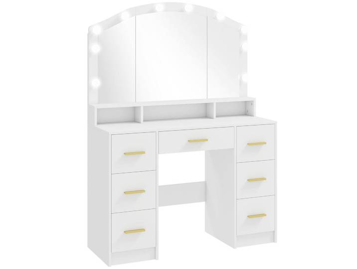 Homcom Schminktisch mit LED-Beleuchtung, 3 Lichtfarben, Spiegel, 7 Schubladen, Weiß, 40x150x110 cm, Schlafzimmer, Schminktische