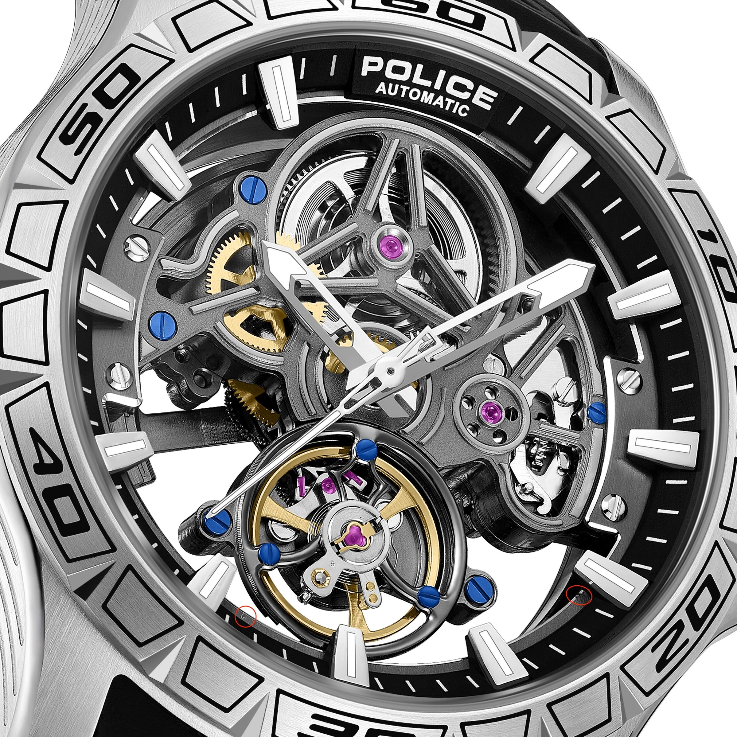 Automatikuhr POLICE "Spirit", schwarz, schwarz, Armbanduhren, Herren, silberfarben, Automatikuhr, Armbanduhr, Herrenuhr, Mechanische Uhr, Silikonarmband, analog