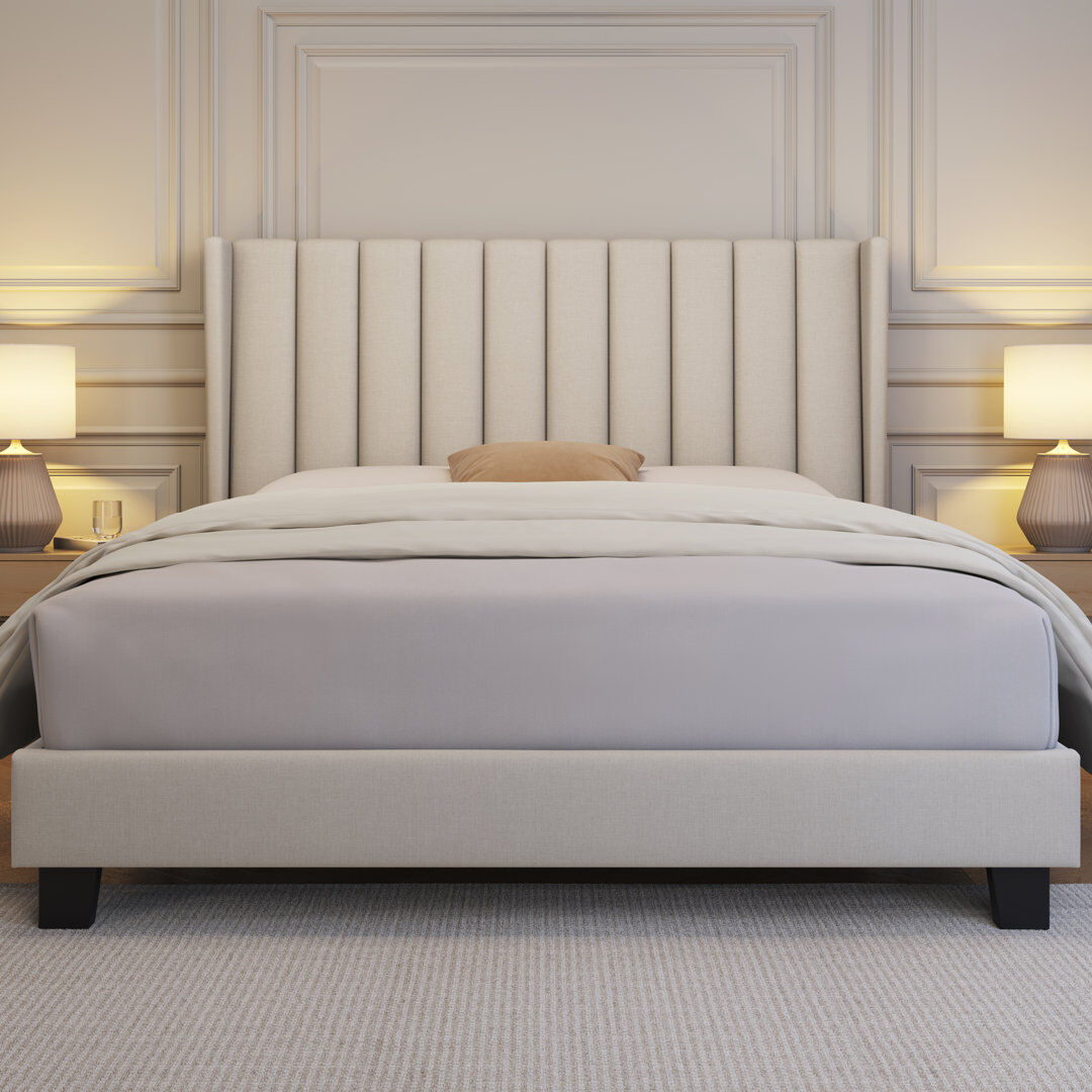 Yaheetech Upholstered Bed Frame with Channel Tufted Headboard Linen Fabric/Beige Kingsize (5')