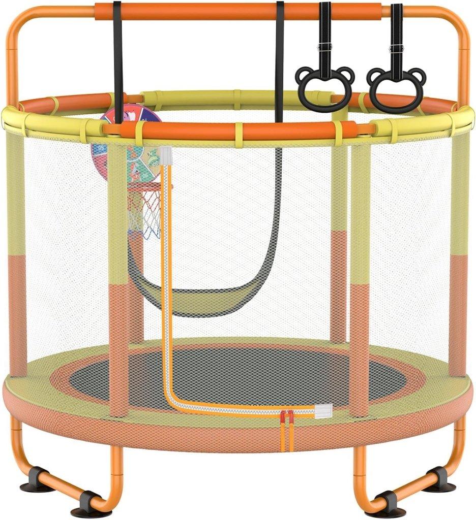 Kindertrampolin mit Sicherheitsnetz, Schaukel und Basketballkorb, gelb-orange - Trampolin - Indoor-Outdoor