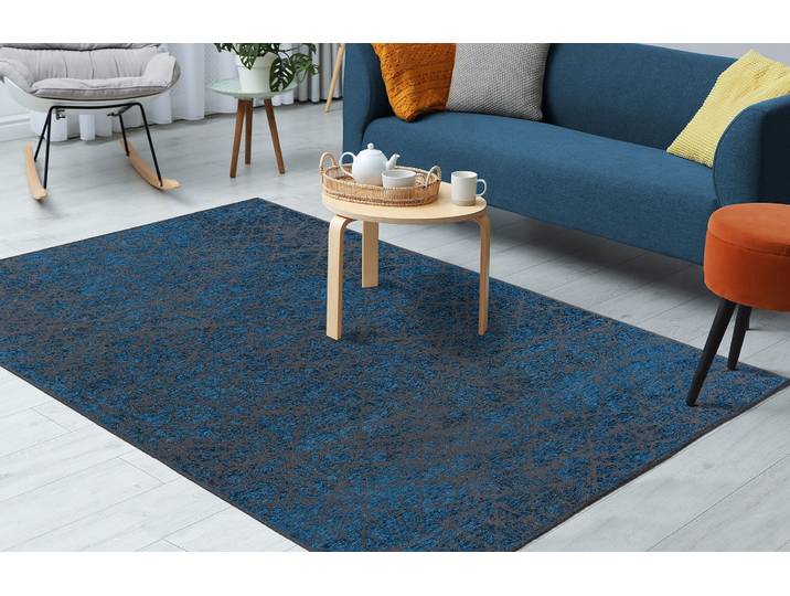 Teppich KAYOOM Kalea 225 , blau, B:80cm H:8mm L:150cm, Polyester, Teppiche, Teppich, Flachgewebeteppich mit Relief-Design, Used-Look, moderne Farben