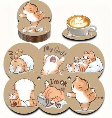 Uplifted Goods Cat Lover Wooden Coaster Set Six Piece Drink Tray For Home And Cafe 6pcs Set