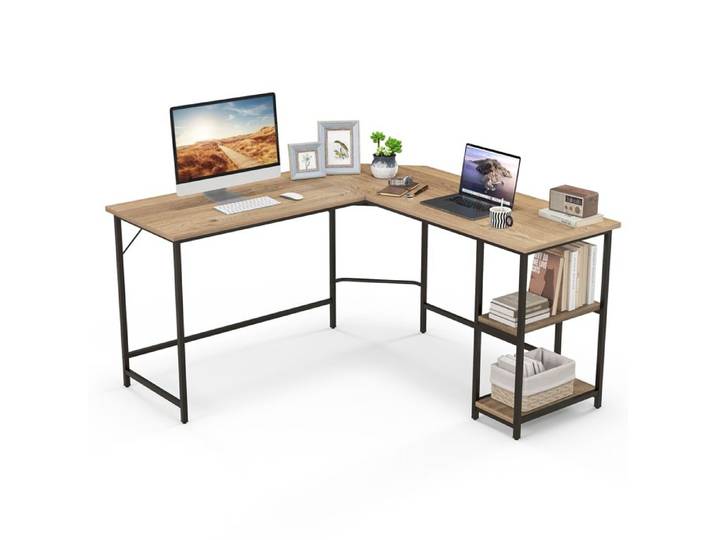 GIANTEX Bureau d'Ordinateur en L - Bureau d'Angle - Étagère Amovible - Cadre en métal - Style Industriel - 138x138x75 cm - Naturel