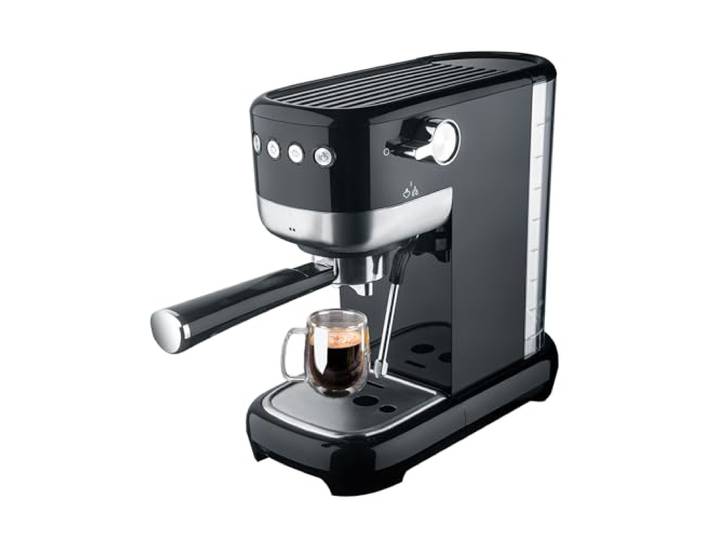 Avilia Espresso- und Cappuccino-Kaffeemaschine, 1350 W, multifunktional, für Kaffeepulver und Pads, doppelter Ausgang 1/2 Tassen, integrierter Cappuccinator, kompaktes Design, Schwarz