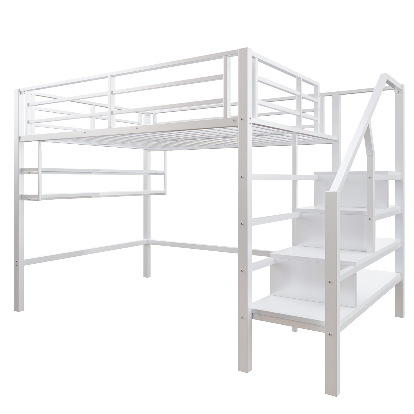 Hochbett(140*200cm,Weiß)Einlegeböden, Stauraumleiter, Freiraum unter dem Bett zum Verkleiden, Geländer, ohne Matratze