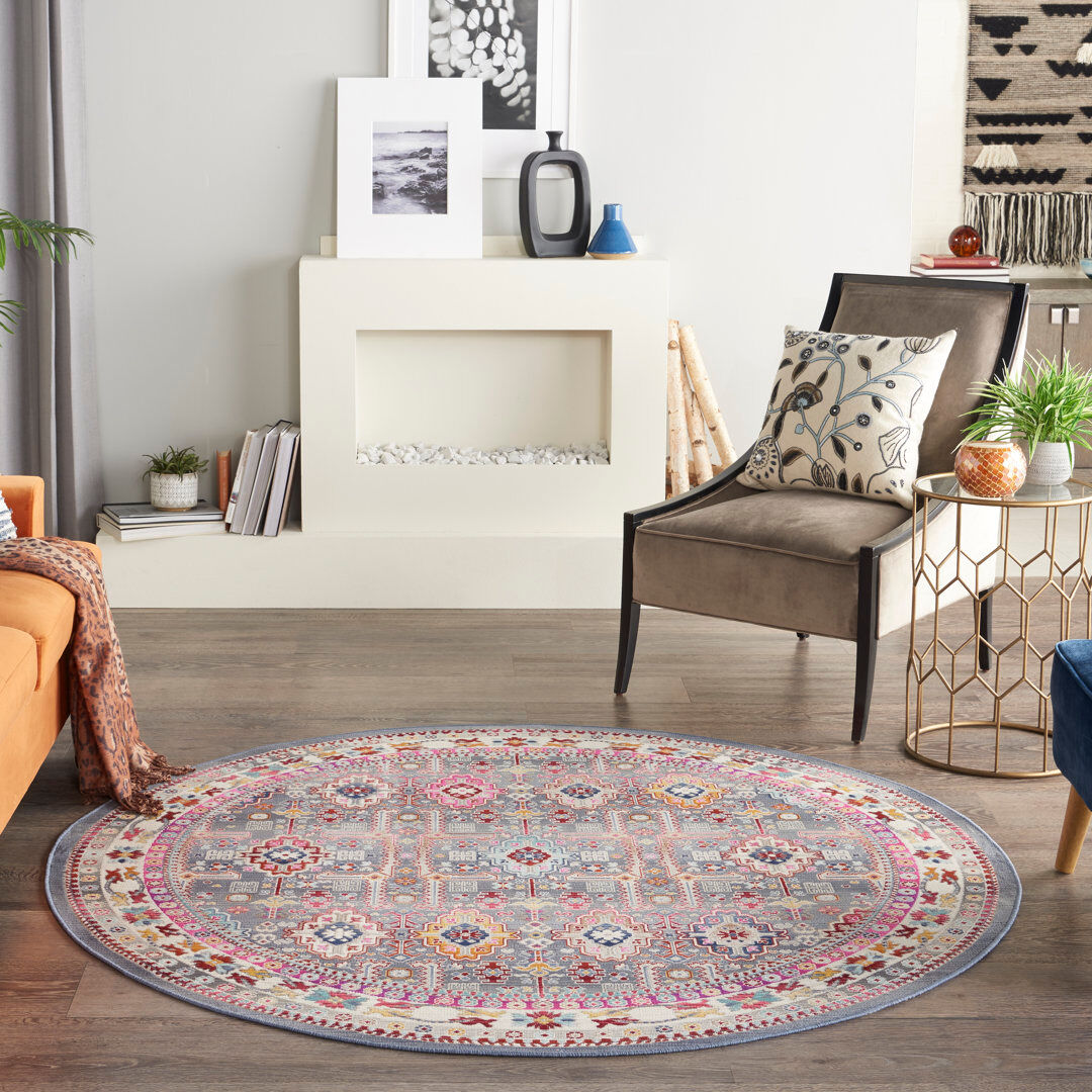 Hykkon Oldham Ikat Area Rug Grey/Pink Round 1.72cm