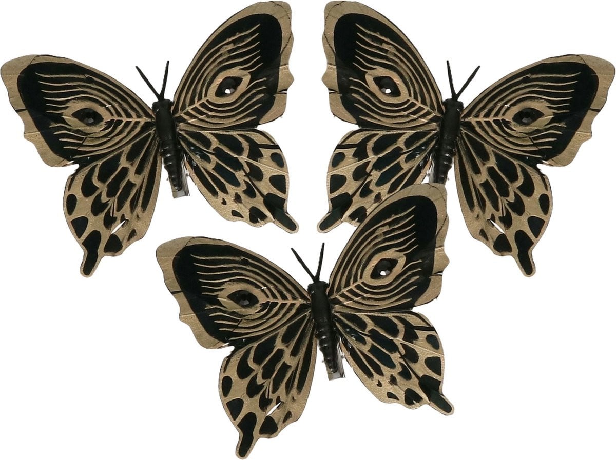 Othmar Decorations Decoratie vlinders op clip - 3 stuks - zwart - 12 cm - kunststof