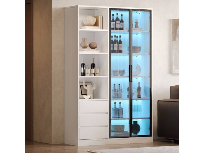 Vitrine d'Exposition - 100x35x160 cm - Grand Meuble de Rangement avec Éclairage LED 2 Portes Vitrées Niches et 3 Tiroirs - Blanc