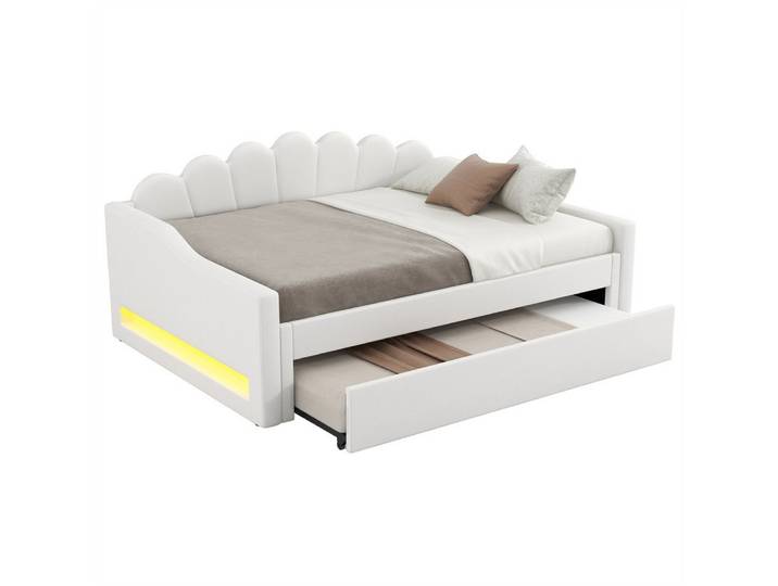 MODFU Daybett Tagesbett,Schlafsofa,Funktionsbett (Gepolstertes 140x200 cm Tagesbett mit LED-Gürtel & Ausziehbett – Perfekt,7 Farben LED-Beleuchtung, bequeme Leinenpolsterung & stabile Konstruktion)