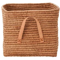 RICE Raffia Aufbewahrungskorb mit Lederschlaufen 30x30x25 cm, L30 x B30 x H25cm, braun