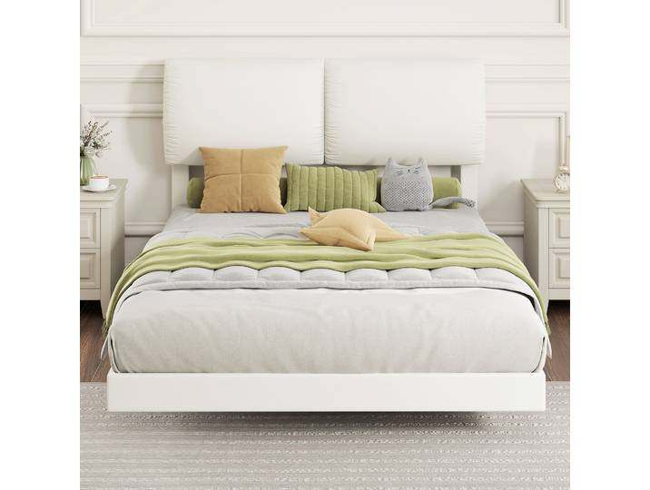 HOMCOM Lit Double 135x190cm Tête Rembourrée Métal Beige