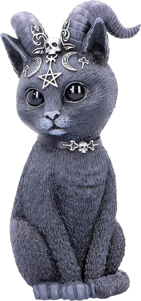 Handgeschilderd Gehoornd Kat Beeldje - Occulte Kat Interieur Decoratie - Zwart - Hoogte: 265 cm