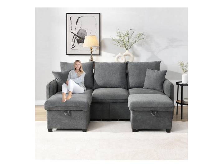 LuxusKollektion Wohnlandschaft Ecksofa Polstersofa UForm Schlaffunktion Schubladen Hocker Dunkelgrau