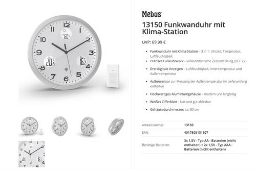 Mebus 13150 Funk Funkuhr 30cm Aluminium