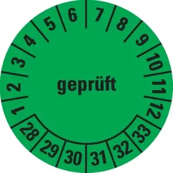 Dreifke® Prüfplakette geprüft 28-33, grün, Dokumentenfolie, selbstklebend, Ø30mm, 108 Stk.
