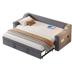 STILVORA 90/180×190cm grey velvet extendable sleep sofa with hydraulic system, Bluetooth stereo, USB port & storage for living room,mattress excluded