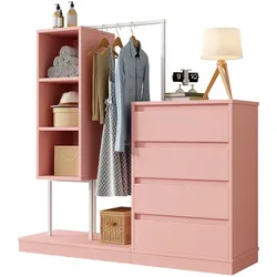 Schubladenschrank Rosa 140x40x135 cm, Aufbewahrung mit 4 Schubladen, offenen Ablagen, Kleiderstange, stabil, Schlafzimmer Wohnzimmer Flur