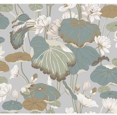 York Wallcoverings Lotus Pond Grey & Blue Wallpaper