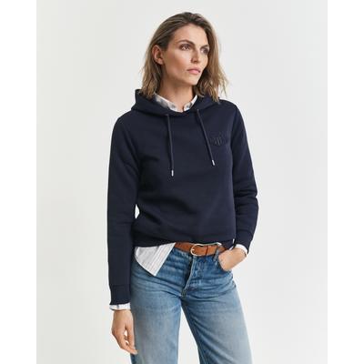 Hoodie GANT "REG TONAL SHIELD HOODIE", Damen, Gr. L, blau (evening blau), Sweatware, Obermaterial: 78% Baumwolle, 22% Polyester, regular fit hüftlang, Rippbündchen, Sweatshirts Hoodie, Ton in Ton Stickerei, Rippbündchen