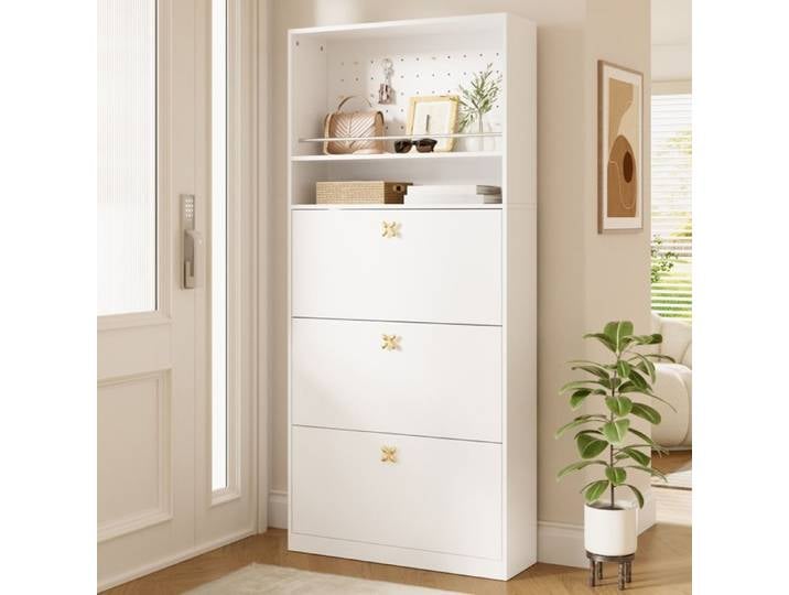 Meuble à chaussures blanc 80x24x178 5 cm avec 3 abattants 2 étagères ouvertes et rangement d'entrée étroit JOINERY