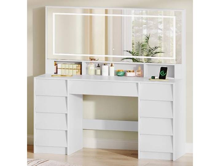 Hzuaneri Große Schminktisch mit LED-Beleuchtung und Steckdosen, Schminktisch mit Große Spiegel, Schminktische mit 9 Schubladen und 3 Offenen Fächern, Schlafzimmer, Modern, Weiß 1180303XEU