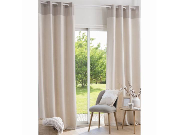Rideau à œillets en coton recyclé tissé jacquard écru et taupe à l'unité 140x250