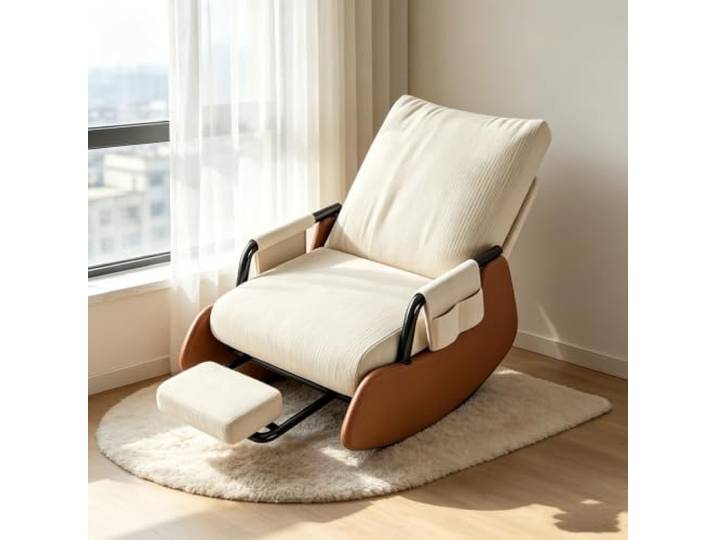 Lounge Schaukelstuhl mit Gepolsterten Armlehnen Kompakter Loungesessel mit herausziehbarer Fußstütze und weichen Armlehnen für Schlafzimmer.