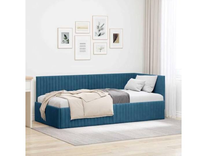 Eckbettgestell Blau 90x200 cm Samt L-Form Verstellbares Kopfteil, Stabiler Lattenrost, Vielseitig als Sofa Oder Bett, Pflegeleicht