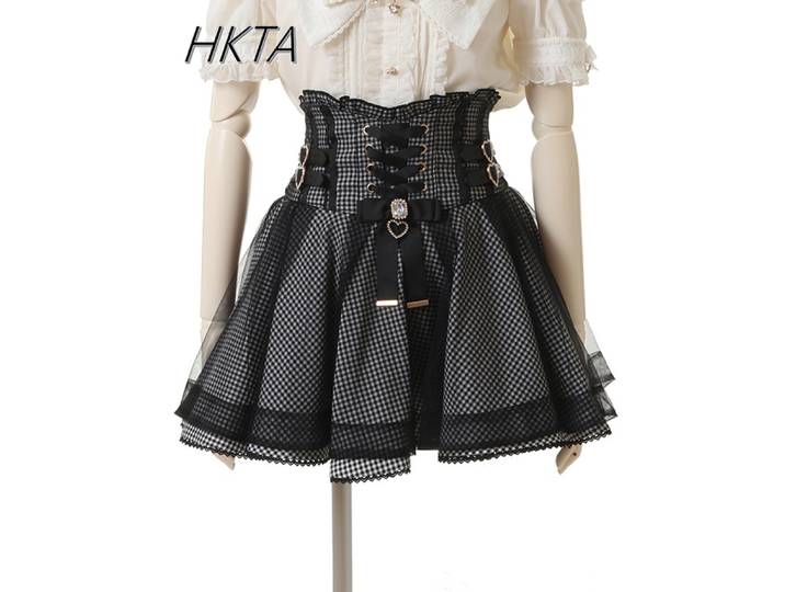 Liz japonais nouveau printemps bord en dentelle anneau en cuir taille haute jupe plissée ruban nœud jupes courtes à carreaux grand nœud Blouses Lolita