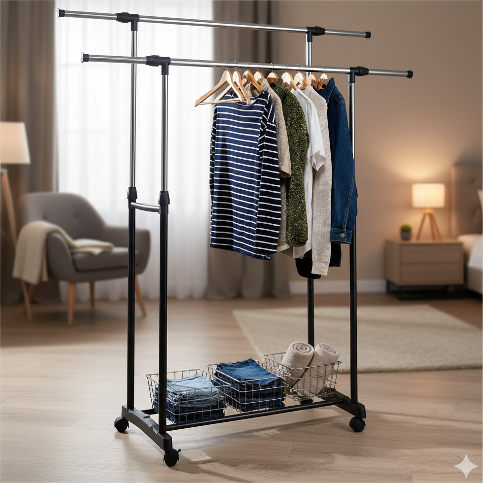 giordanoshop Stand Appendiabiti Doppio in Acciaio con Ruote Aste Telescopiche Regolabile PU...